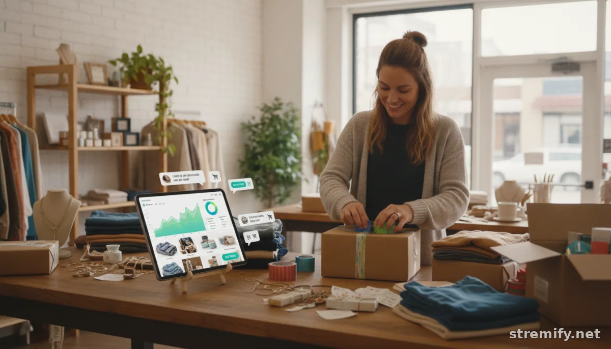 Merchant packing ecommerce orders while monitoring live demo performance on a tablet