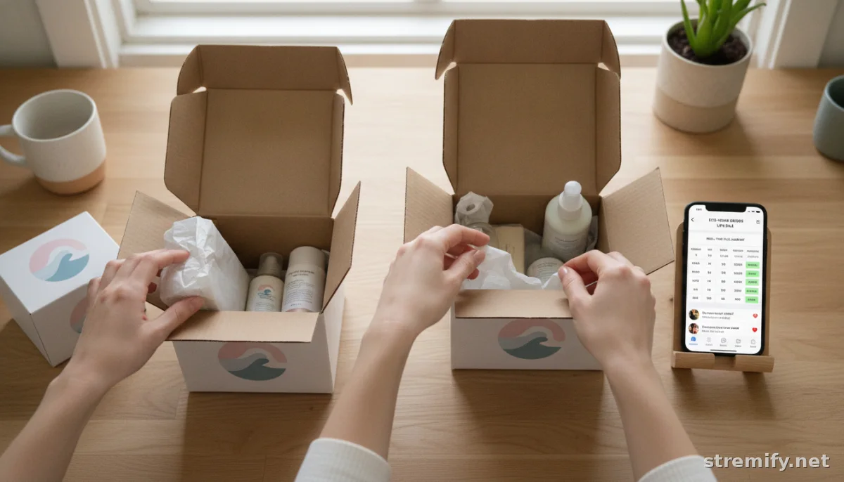 Hands packing orders with phone showing shipping manifest, automating order fulfillment after live sales