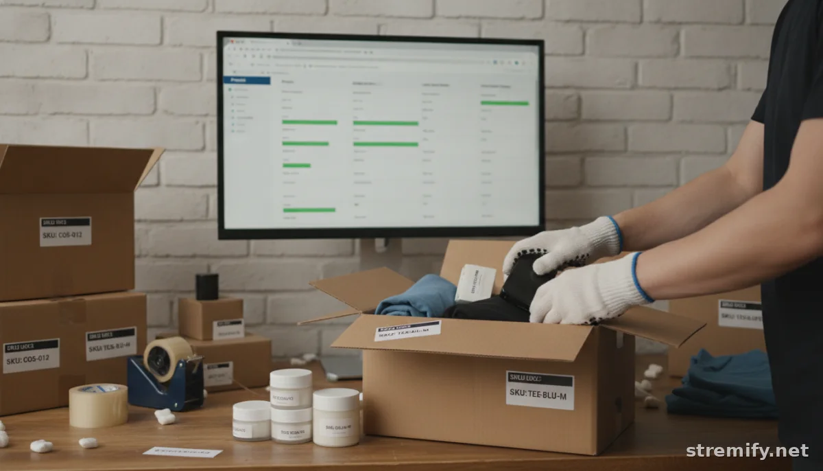 Hands packing orders with real time inventory stock updates in small warehouse
