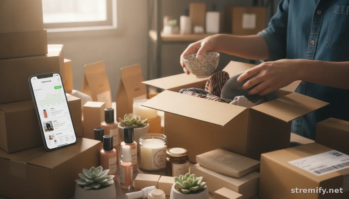 hands packing live shopping orders with stream shopping analytics on phone
