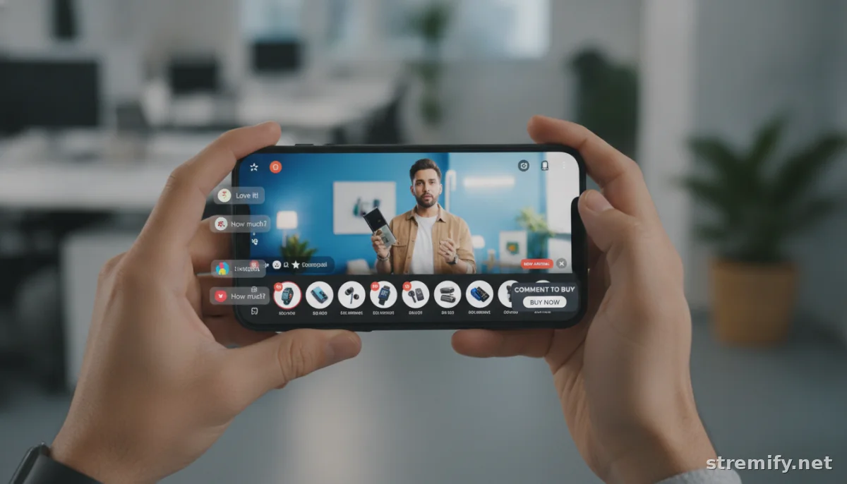 Hands holding phone with interactive product carousel for live commerce stream