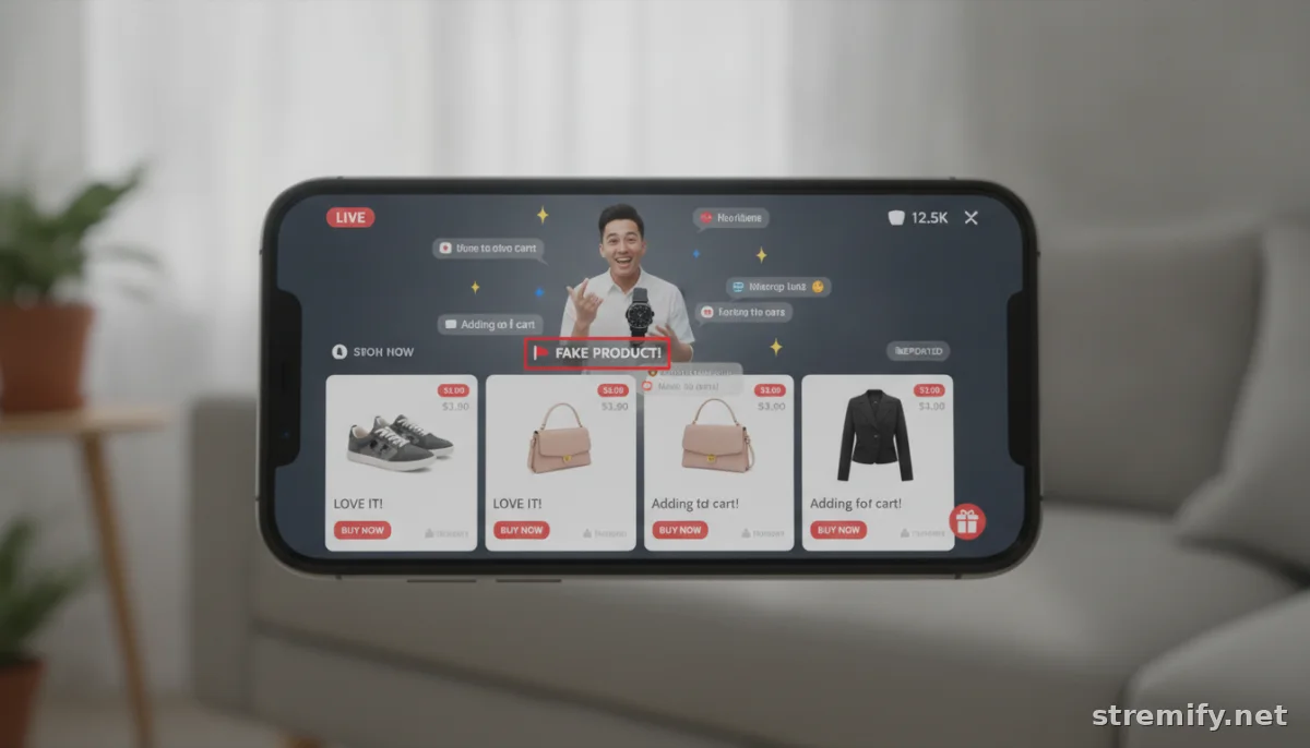 Phone screen showing live shopping with flagged comment for real-time moderation