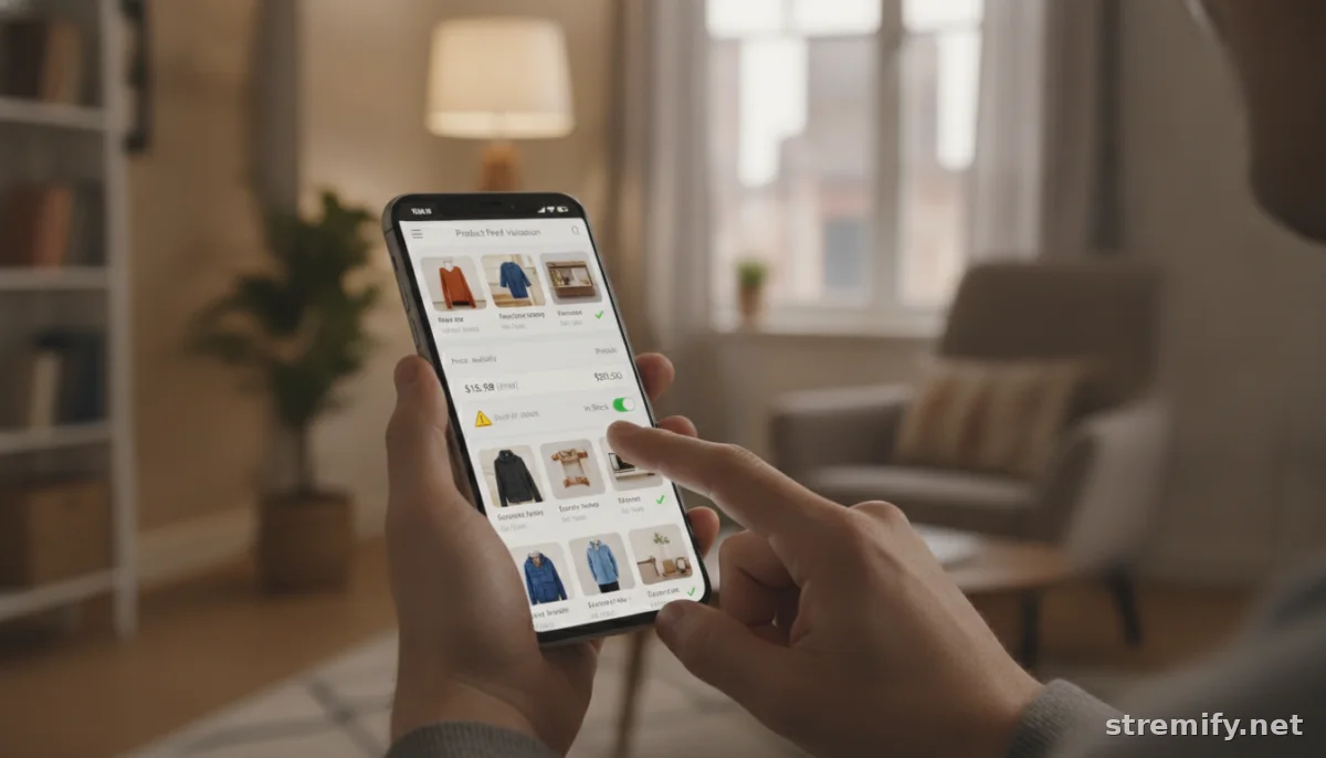 Smartphone user fixing a product feed error live from an apartment setting.