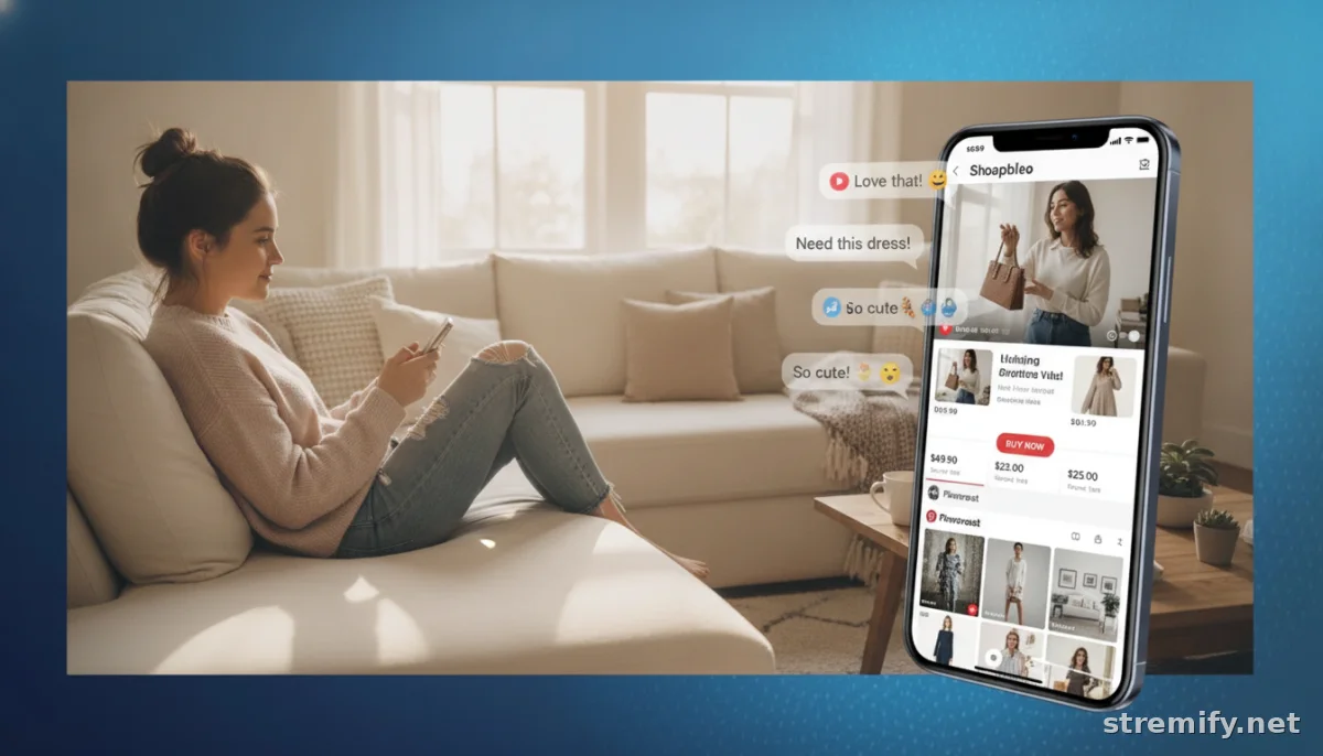 Pinterest user watching a live shopping stream with product cards on her smartphone while relaxing at home