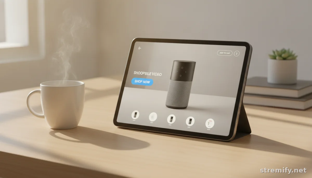 Pre-recorded shoppable ecommerce video with polished product display and call-to-action on tablet.