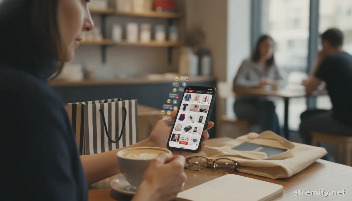 e-commerce manager reviews product feed import on phone in cafe