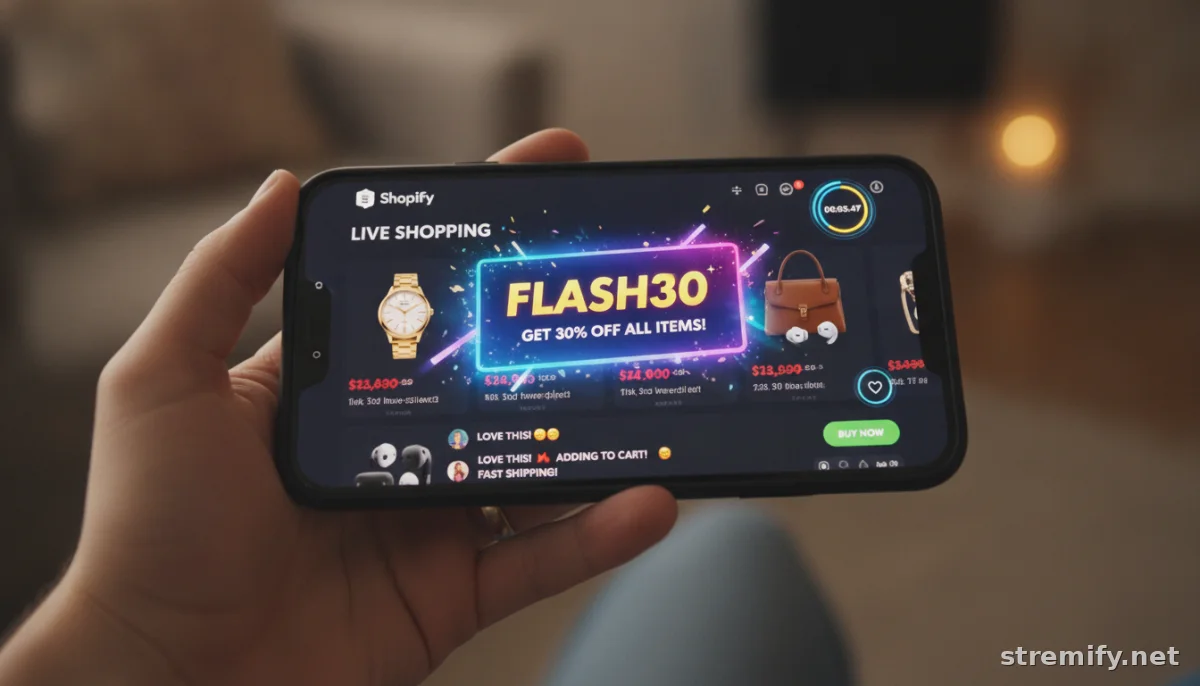 Smartphone showing Shopify discount code during livestream with a countdown timer and product cards.