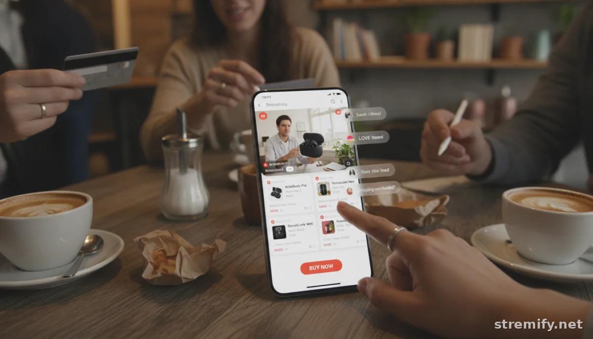 Smartphone displays shoppable livestream with chat and buy buttons in a cafe setting