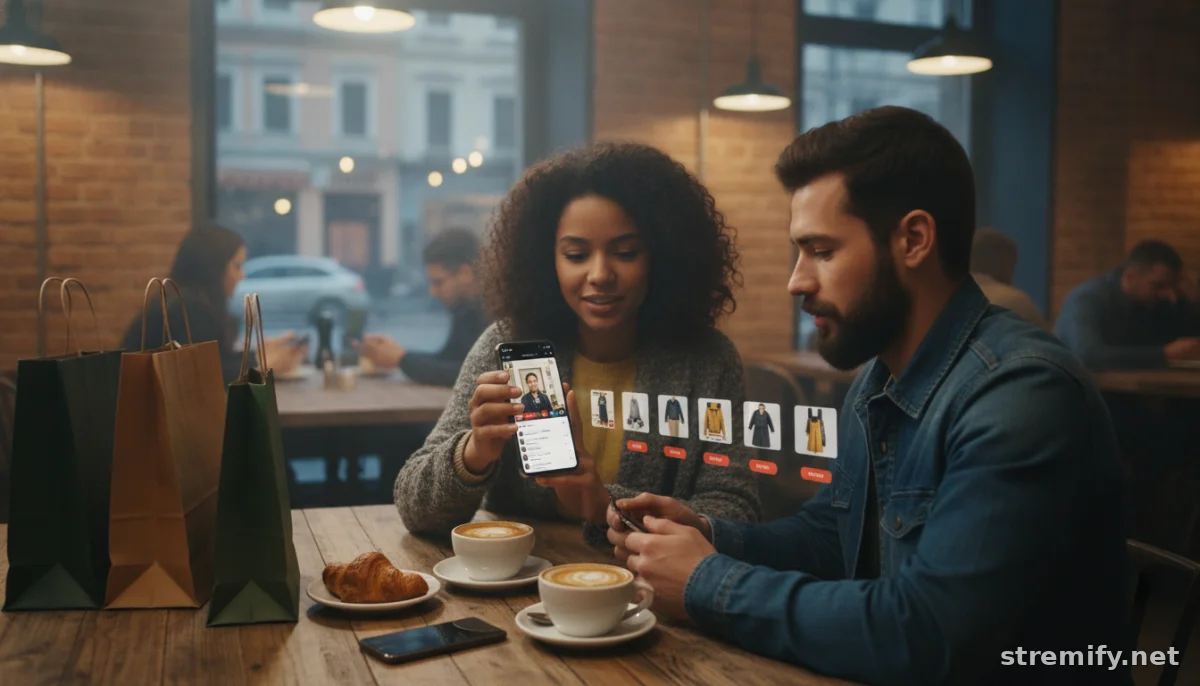 Shoppers at a cafe viewing a shoppable livestream with product overlays and comments