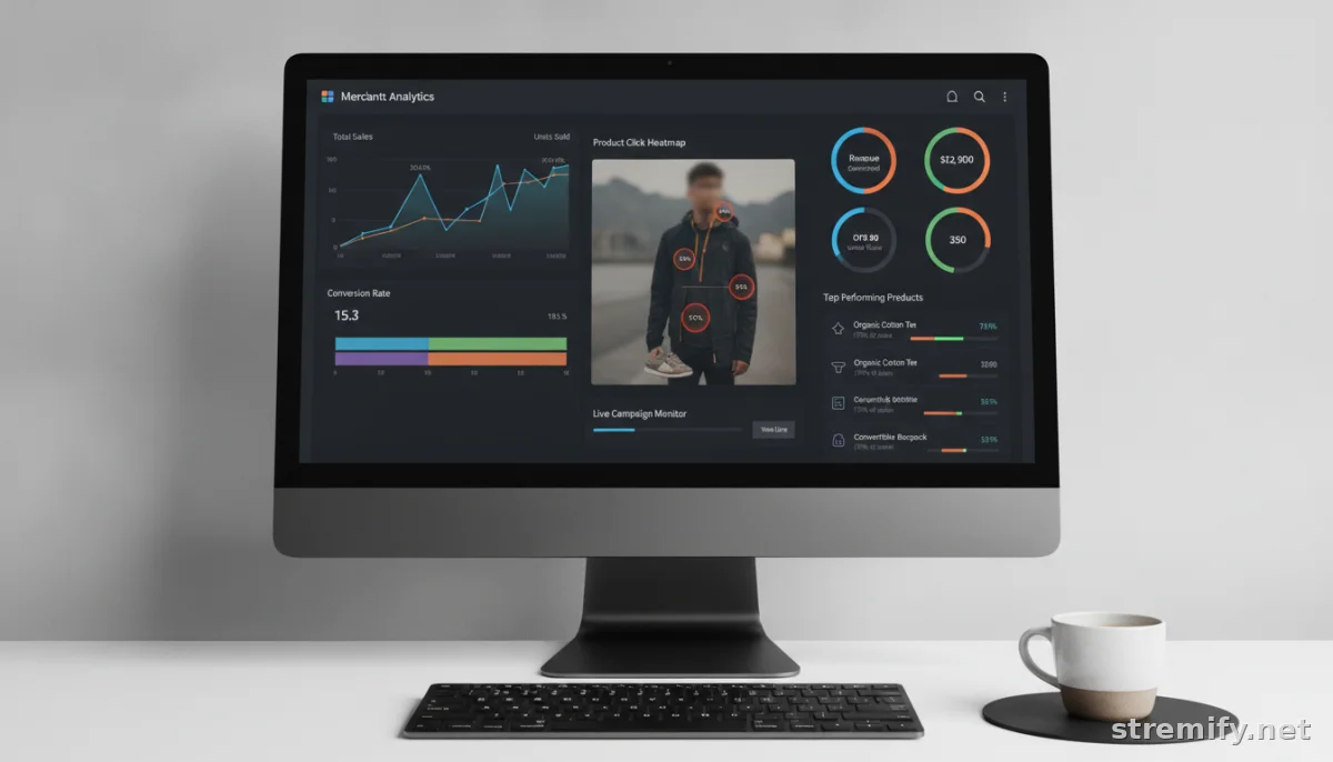 E-commerce dashboard showing analytics from a shoppable video campaign: sales, clicks, conversion charts.