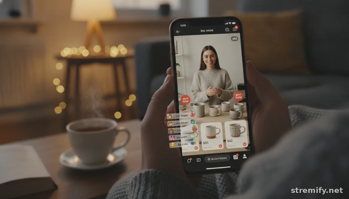 Shopper holding a phone watching a shoppable video with interactive product overlays and buy buttons.