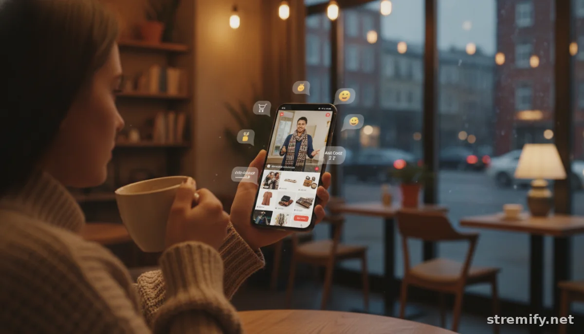 Shopper in a cafe tracking live stream sales performance on a smartphone