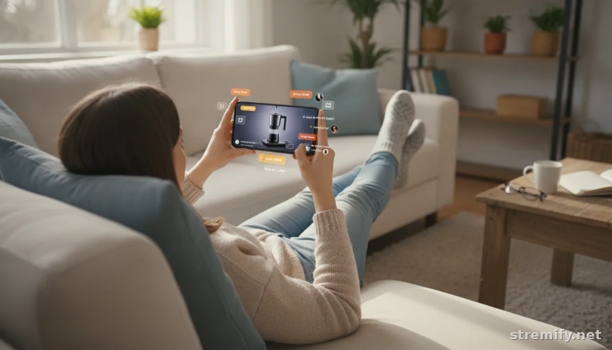 Shopper on couch watching YouTube Shorts product teaser with interactive shopping features