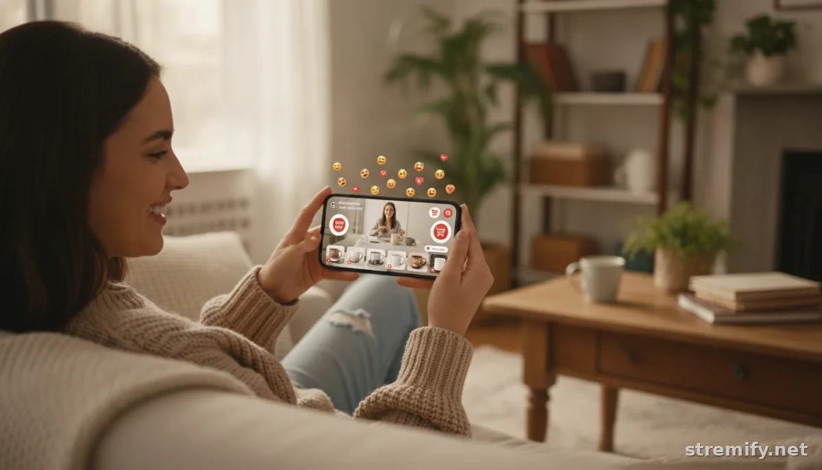 Shopper watching a live shopping stream replay with buy buttons to increase replay sales from live streams