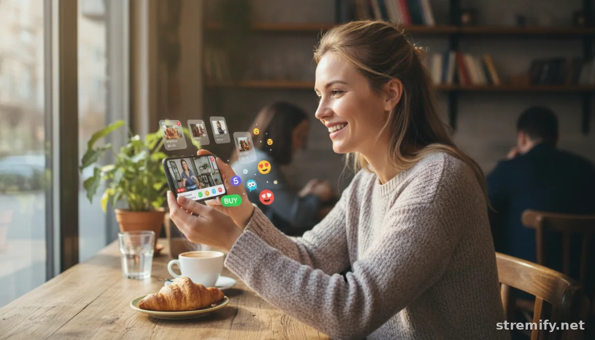 Shopper engaging with a live sale scheduled across platforms on their smartphone in a cafe