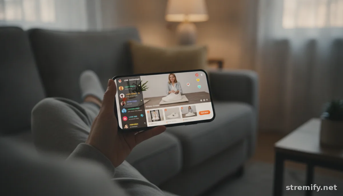 Shopper watching a live sales stream on a smartphone, tracking purchases and conversions in real time.