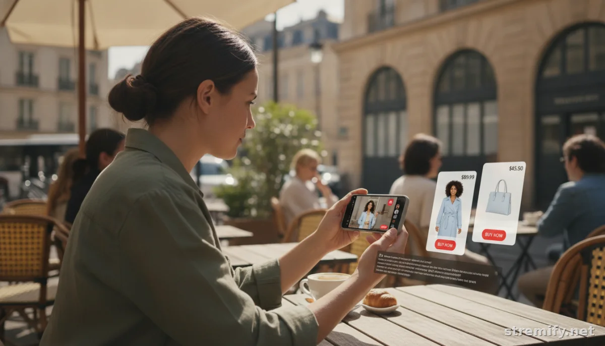 Shopper browsing live shopping stream on phone in a cafe