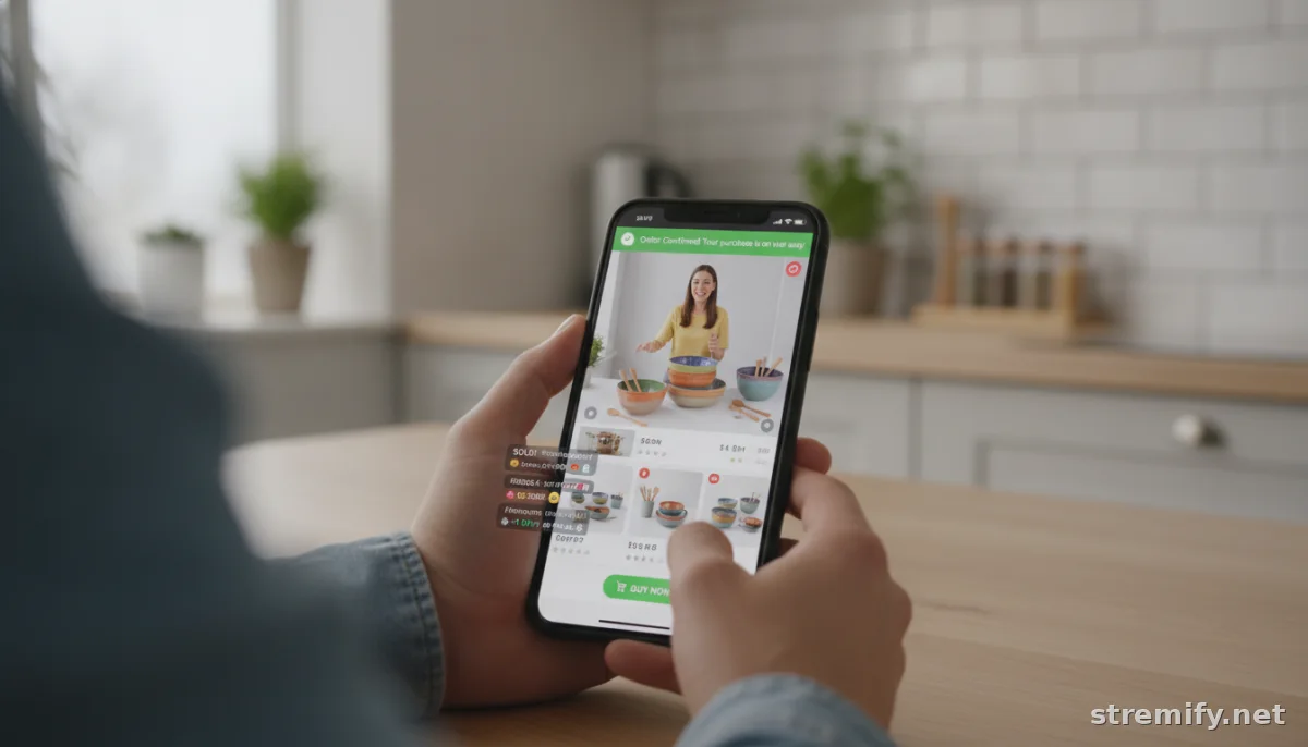 Shopper using comment-to-buy feature during live shopping stream at home