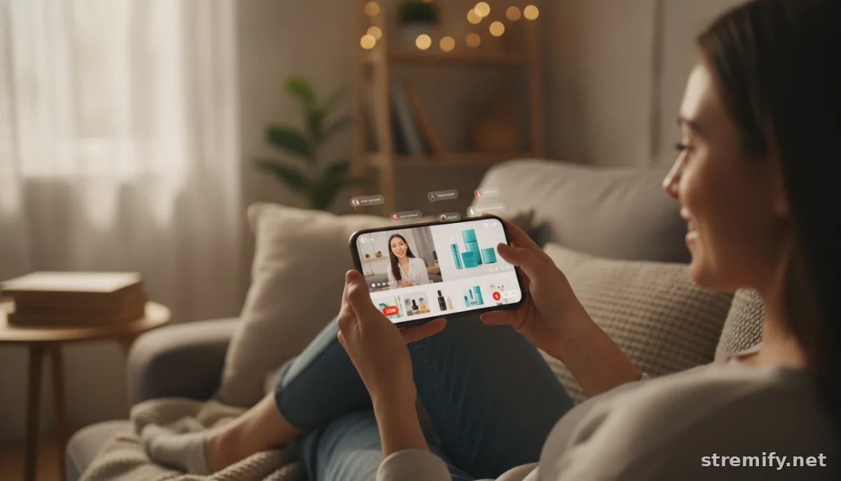 shopper watching a live shopping stream on a smartphone in a casual home environment
