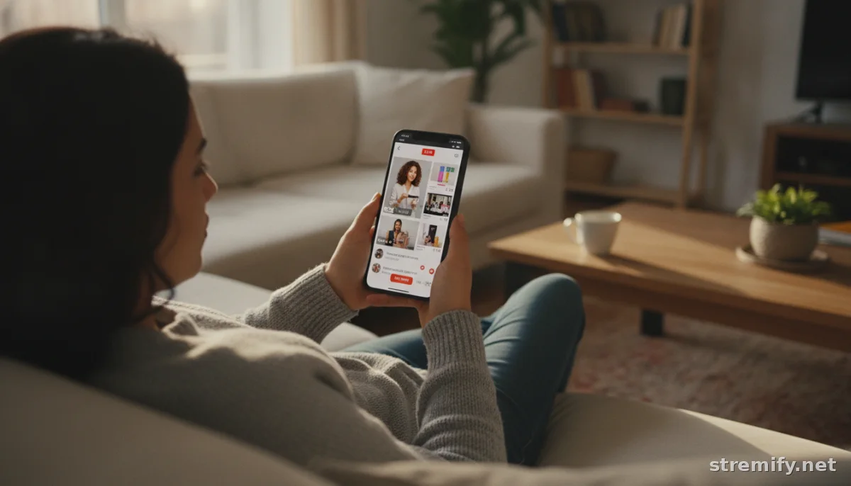 Shopper engaging with a live shopping stream on a smartphone at home, following ecommerce livestream scripting tips.