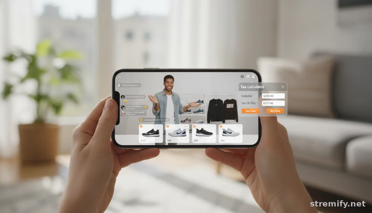 Shopper calculating streaming sales tax during a live shopping event.