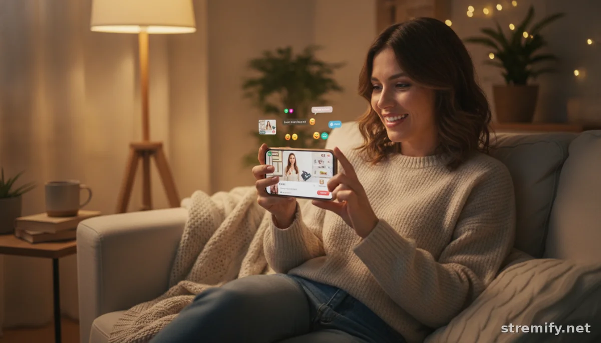 shopper viewing crossposted live sales event on smartphone with interactive product cards and comments