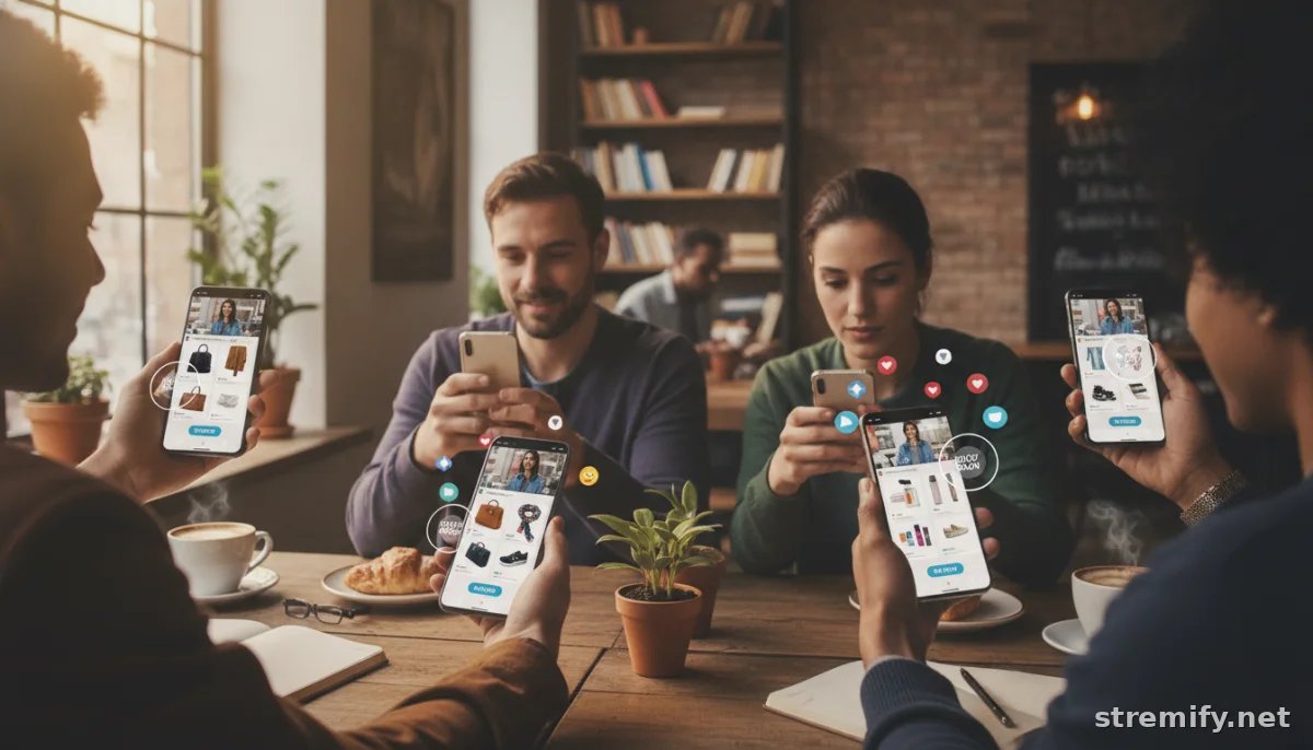 shoppers viewing ecommerce live streams with licensed music in a cafe setting