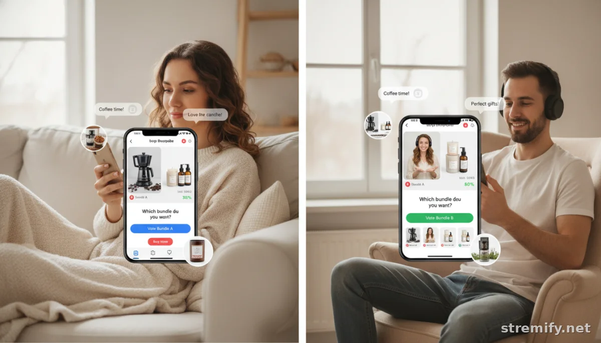 Shoppers engaging with live quizzes while choosing bundles during a live stream.