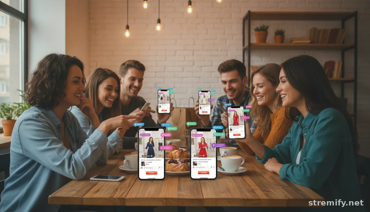 shoppers engage with a live shopping stream using stremifys features in a cafe