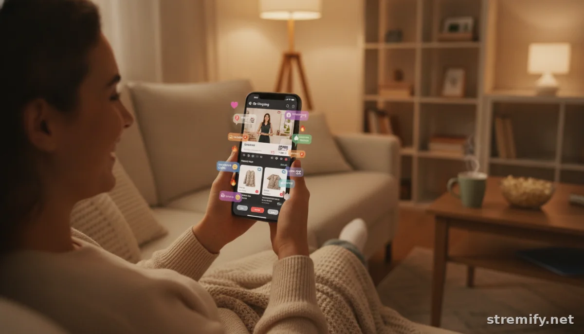 Shoppers ordering products during a live shopping event on a phone in a living room