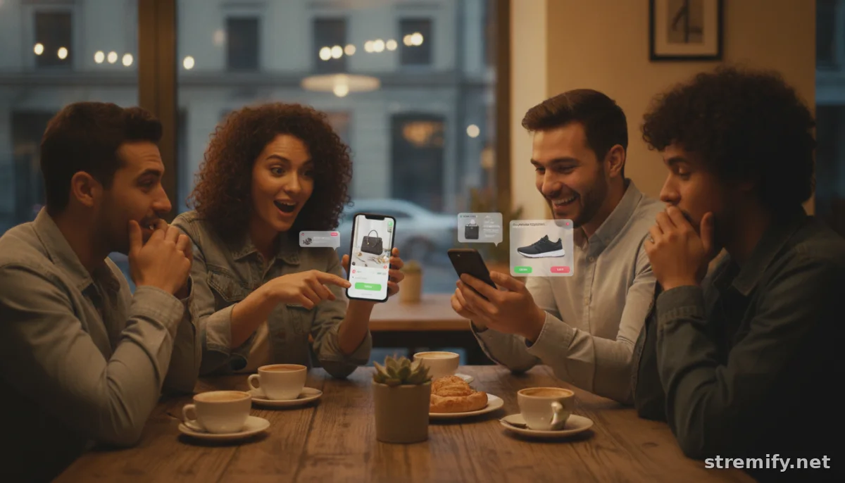 Shoppers following a live shopping stream with interactive product cards during a cafe break.