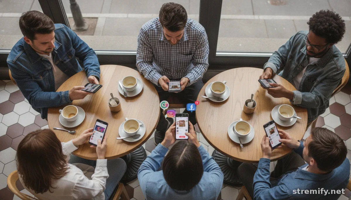 shoppers browsing products on multiple platforms TikTok Instagram Facebook in cafe