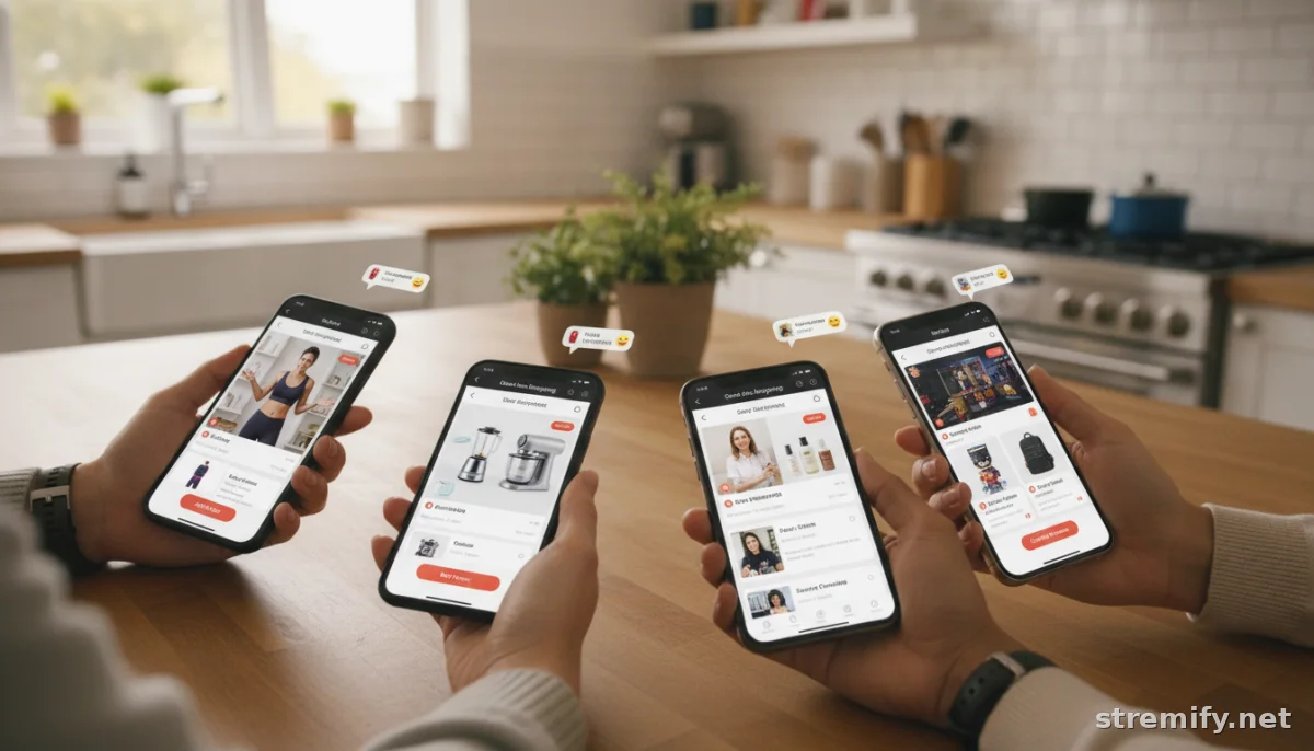 Multiple shoppers interacting with live stream checkout on smartphones in a kitchen
