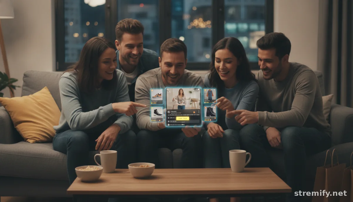 Shoppers on a sofa join a live shopping event via smartphone to increase live event attendance