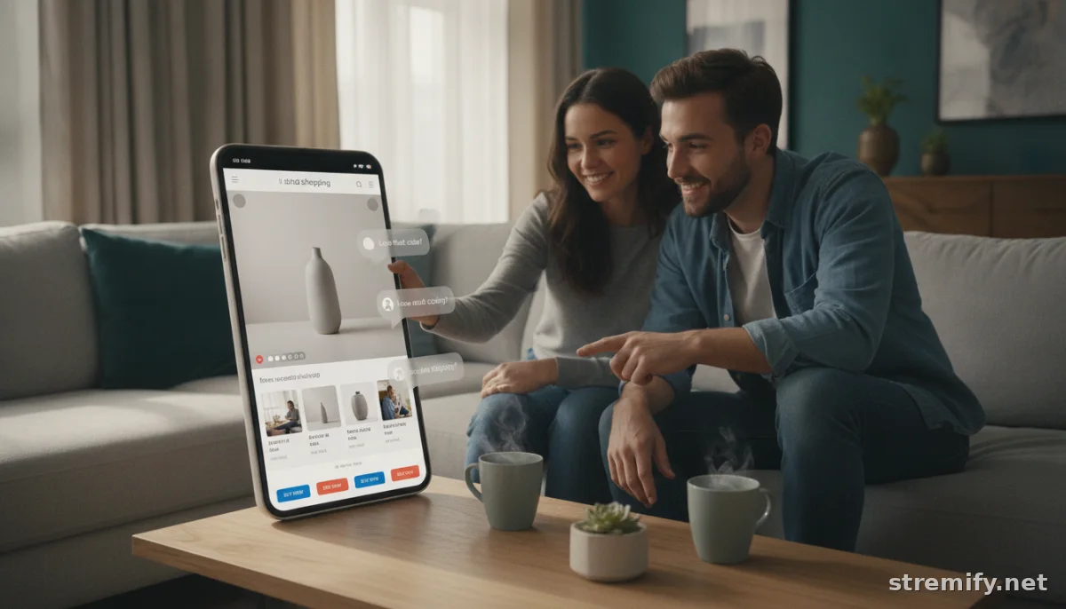 Shoppers on sofa watching live shopping stream and interacting, no audio equipment shown