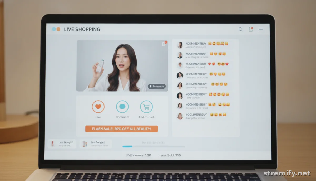laptop showing live stream shopping platform dashboard with chat and comment-to-buy features