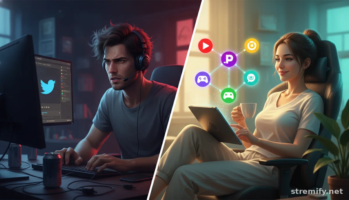 Comparison of single-platform streaming vs. multistreaming to multiple platforms, highlighting ease and wider reach