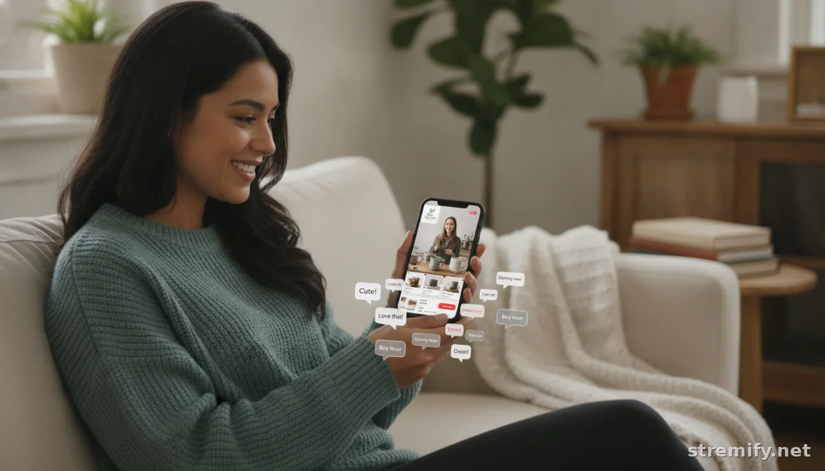 Small business owner using live selling on a smartphone from her sofa, shoppable stream visible