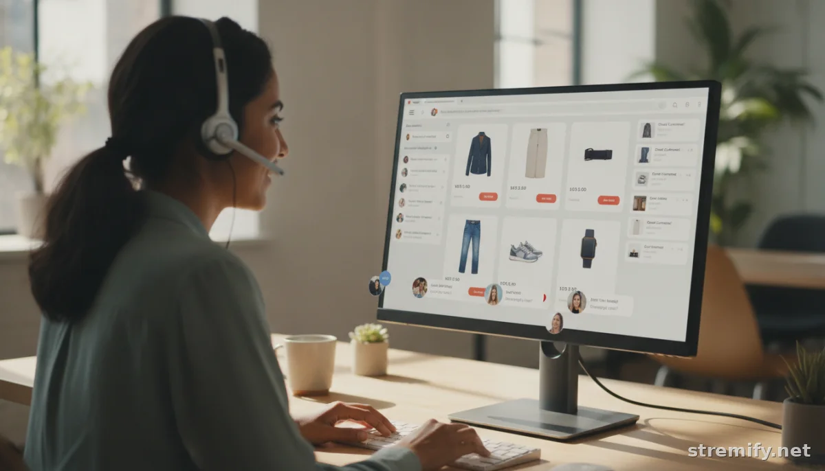 E-commerce support agent managing live chat and orders during a sales stream