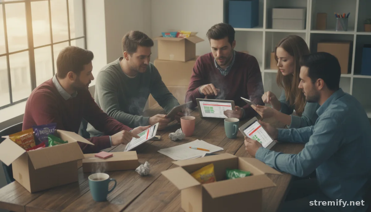 Team fixing product feed errors on tablets with products in a casual meeting