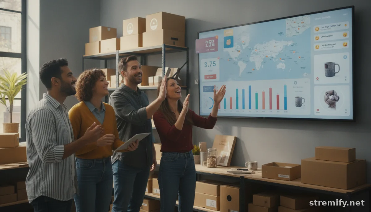 Business team tracking live shopping widgets and sales on a digital display in an office