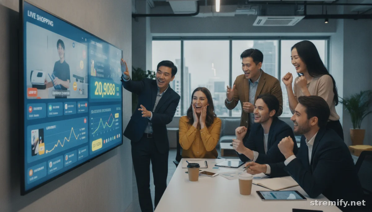 E-commerce team troubleshooting live stream audio issues while monitoring sales dashboard