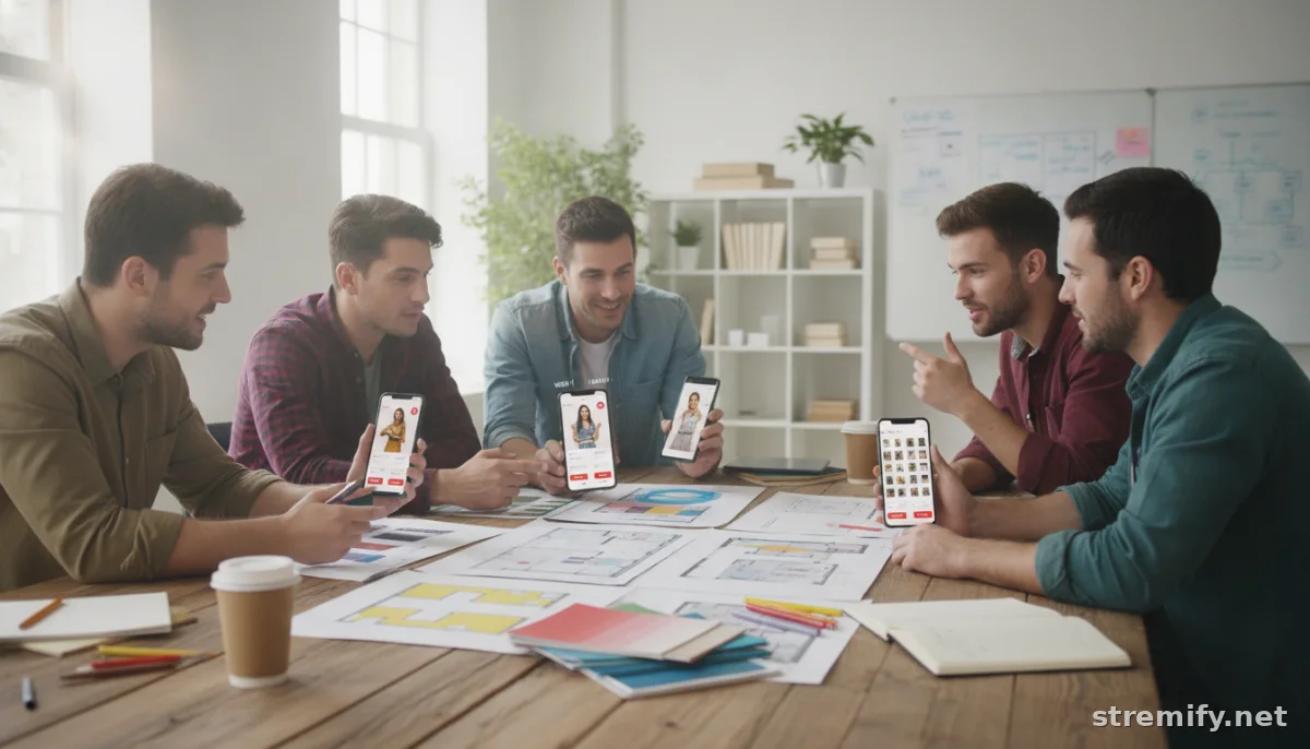 creative team planning branded live shop layout with color swatches and mobile interfaces