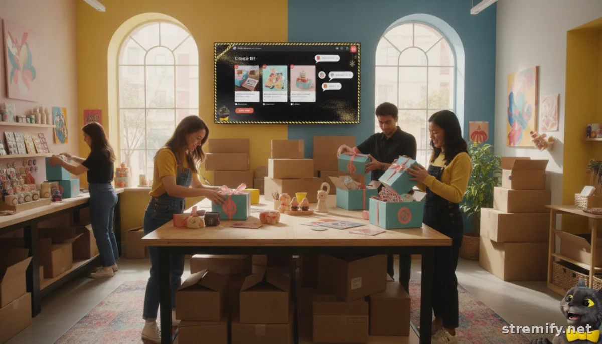 small business team preparing for livestream product launch event with branded packaging