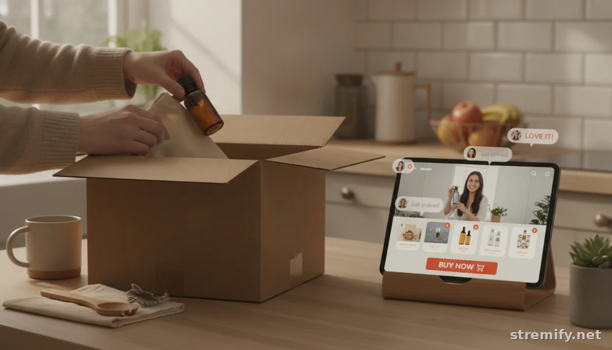 Unboxing with testimonial video reel and shoppable buttons on tablet