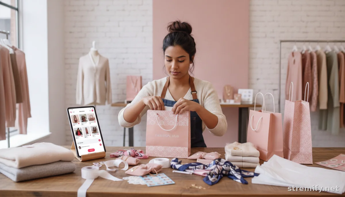 Merchant packing TikTok live orders after successful stream, packing table with shopping bags