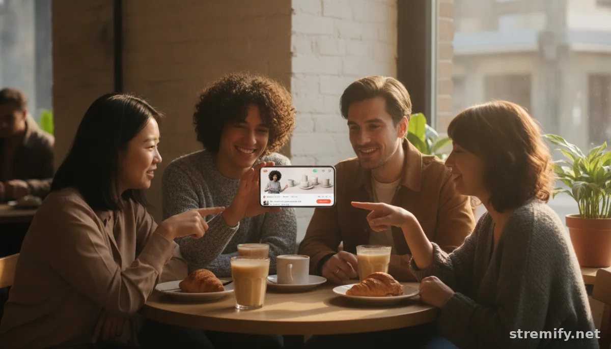 People in cafe watching TikTok live shopping on phone with comments and products displayed