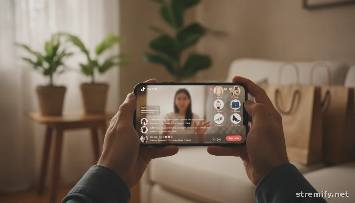 Hands holding phone with TikTok live shopping stream, showing interactive polls and product images.