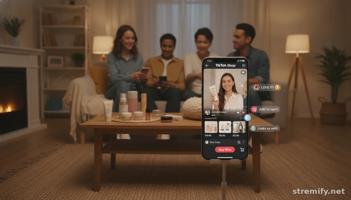 creator hosting live shopping stream with TikTok Shop interface in a living room setting