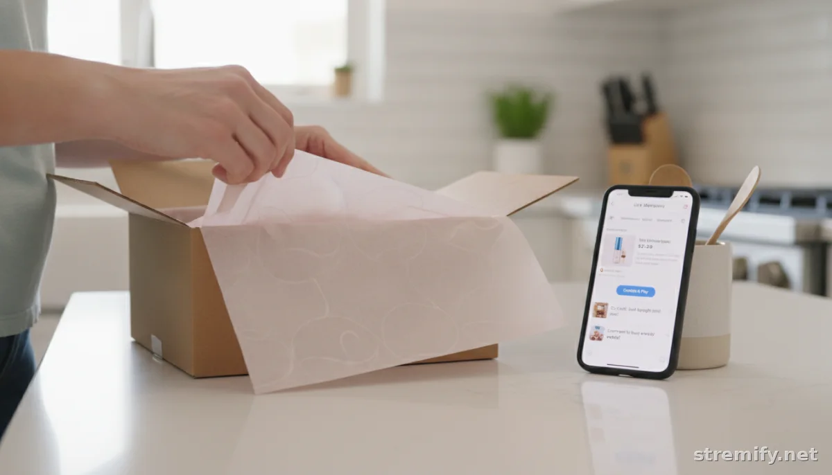 Hands unboxing a delivery and phone showing comment-to-buy checkout, highlighting frictionless social commerce